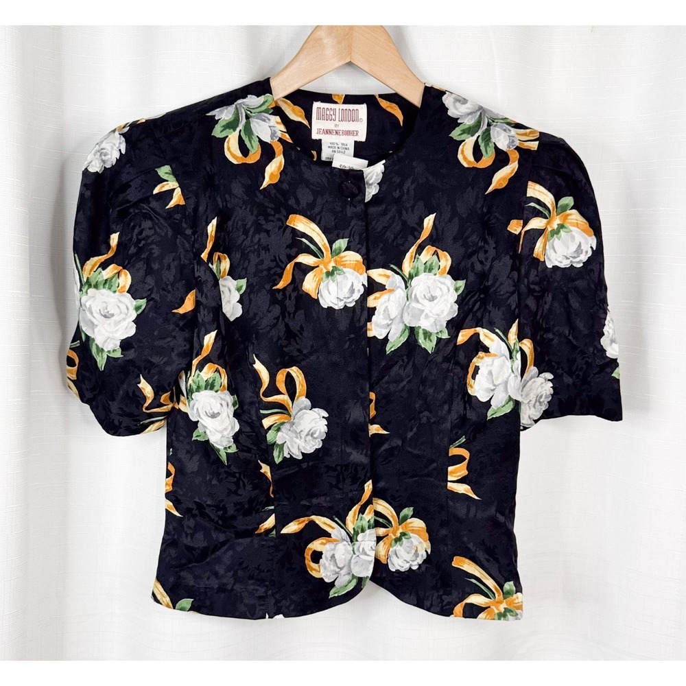 Vintage Maggie London Silk Jacket 8 Black Floral Rose Cropped Evening Blazer EUC